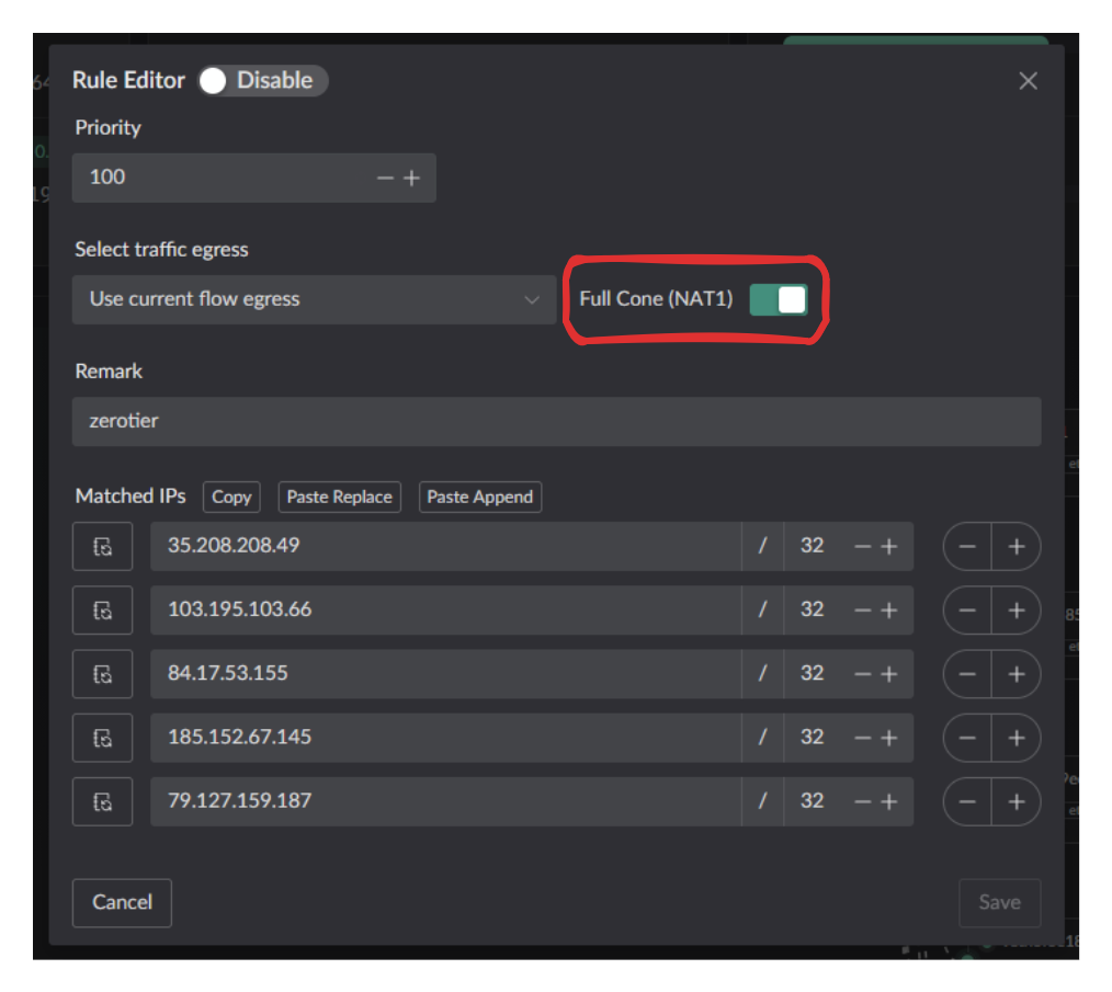 Full Cone NAT enabled in an IP rule